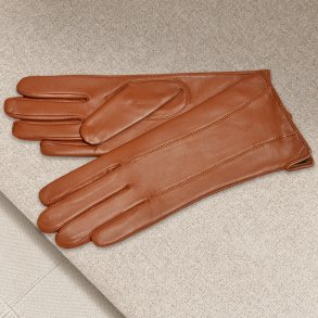 Belsac, lang skindhandske i cognac med stikninger