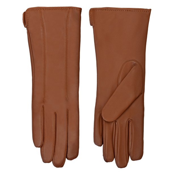 Belsac, lang skindhandske i cognac med stikninger