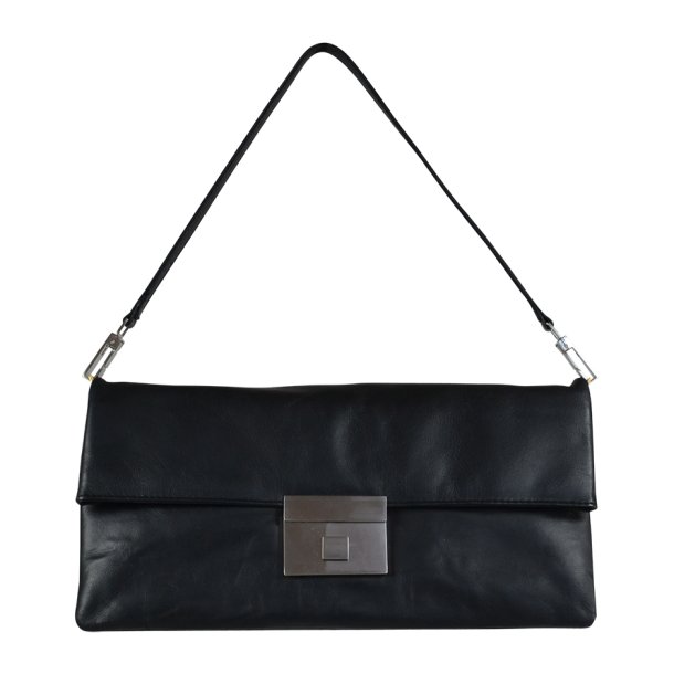 Mille, Belsac sort clutch/skuldertaske i skind med aftagelig rem og kraftigt overslag