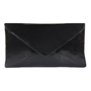 Krystle, Belsac sort clutch i skind med kuvertoverslag og lang aftagelig rem