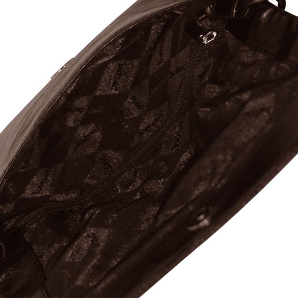 Abelone, Belsac mrkebrun clutch i bldt lder med overslag og lang regulerbar rem
