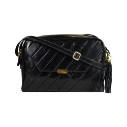 Carola, Belsac sort crossbody i skind med toplynlås, overslag og quiltet front