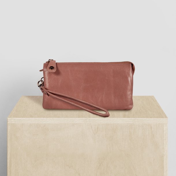 Monica, Belsac rosa clutch med flere rum og hndledsrem