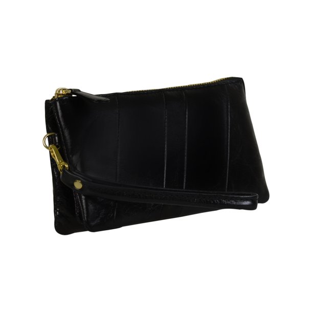 Chelsea, Belsac sort clutch i skind med håndledsrem og crossbodyrem