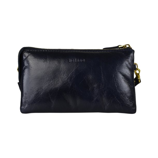 Chelsea, Belsac blå clutch i skind med håndledsrem og crossbodyrem