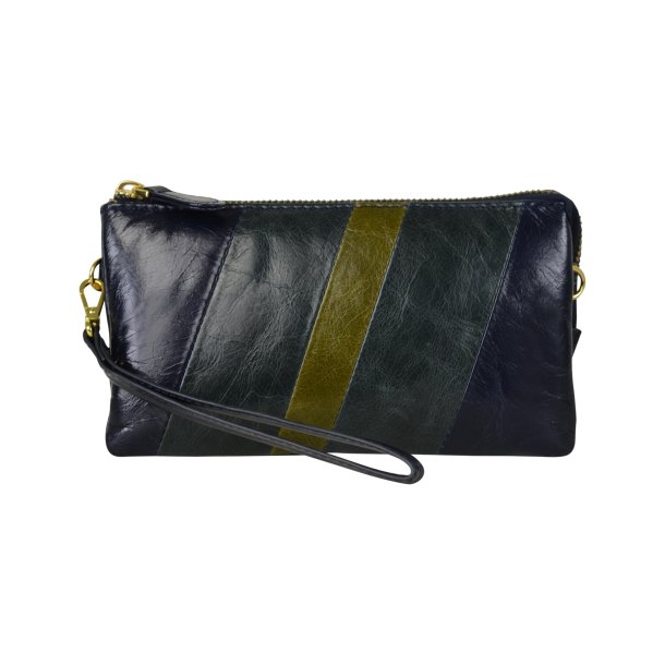 Chelsea, Belsac blå clutch i skind med håndledsrem og crossbodyrem