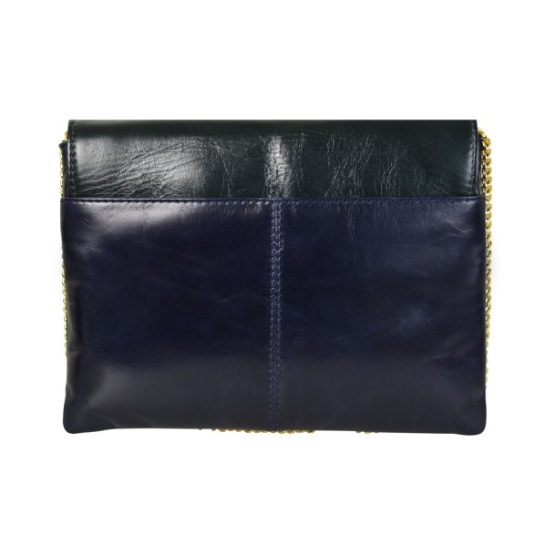 Chenaya, Belsac blå crossbody i skind med overslag og guldkæde