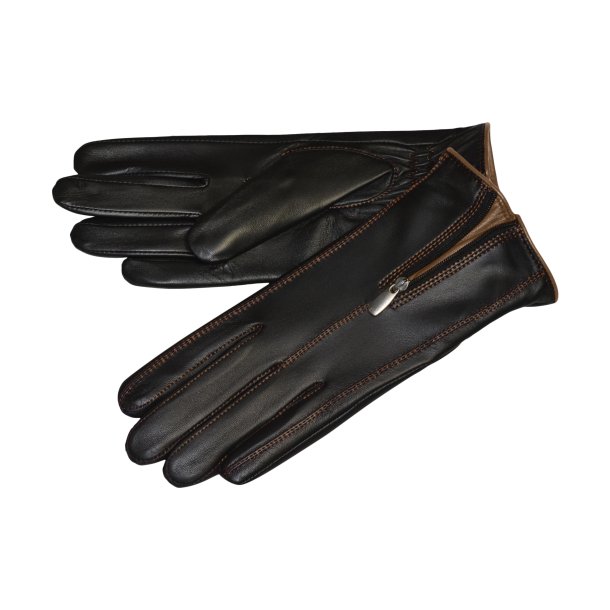 Belsac, skindhandske i sort med lynls og camel kontrast