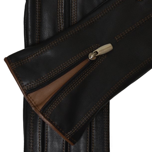 Belsac, skindhandske i sort med lynls og camel kontrast