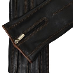 Belsac, skindhandske i sort med lynls og camel kontrast