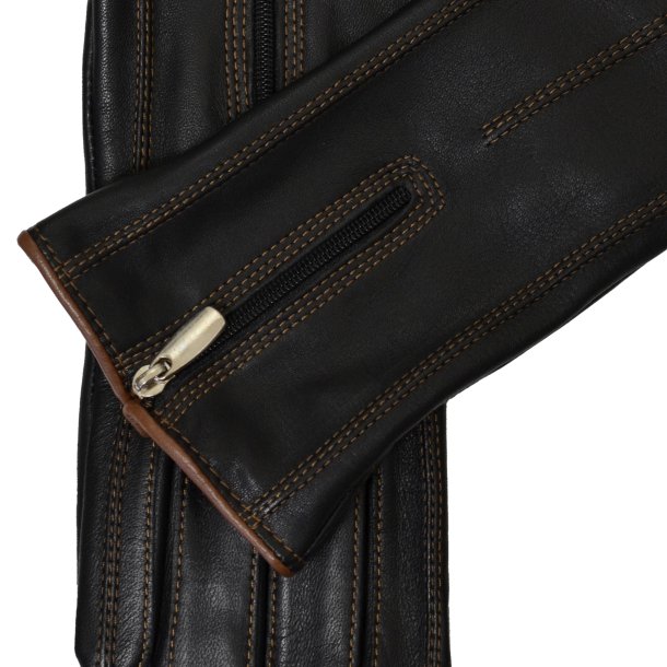 Belsac, skindhandske i sort med lynls og camel kontrast