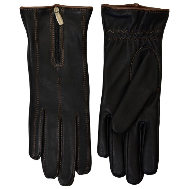 Belsac, skindhandske i sort med lynls og camel kontrast