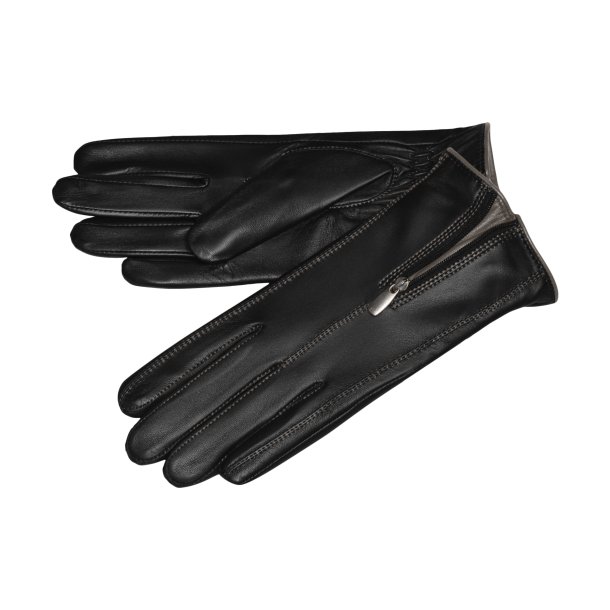 Belsac, skindhandske i sort med lynls og gr kontrast