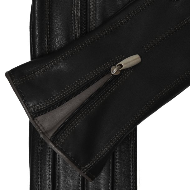 Belsac, skindhandske i sort med lynls og gr kontrast