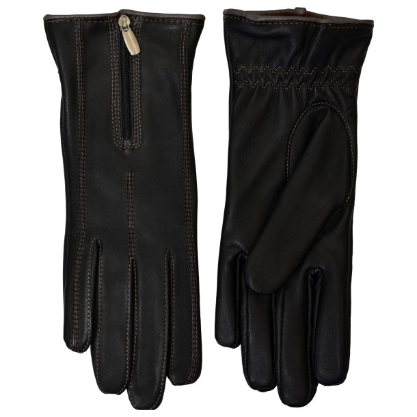 Belsac, skindhandske i sort med lynls og gr kontrast