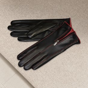 Belsac, skindhandske i sort med lynls og rd kontrast