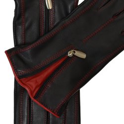 Belsac, skindhandske i sort med lynls og rd kontrast