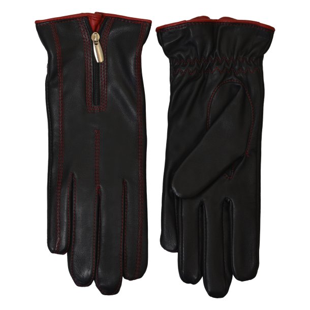 Belsac, skindhandske i sort med lynls og rd kontrast