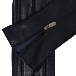 Belsac, skindhandske i mrkebl med lynls og bl kontrast