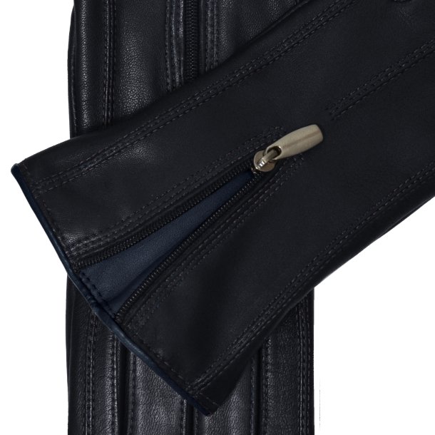 Belsac, skindhandske i mrkebl med lynls og bl kontrast