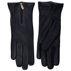 Belsac, skindhandske i mrkebl med lynls og bl kontrast