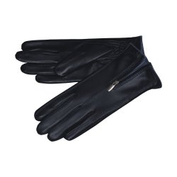 Belsac, skindhandske i mrkebl med lynls og bl kontrast