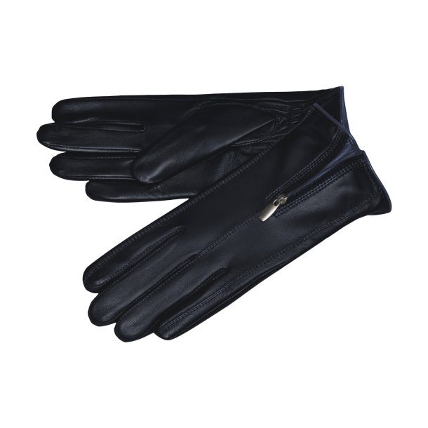 Belsac, skindhandske i mrkebl med lynls og bl kontrast