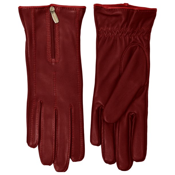 Belsac, skindhandske i mrkerd med lynls og rd kontrast