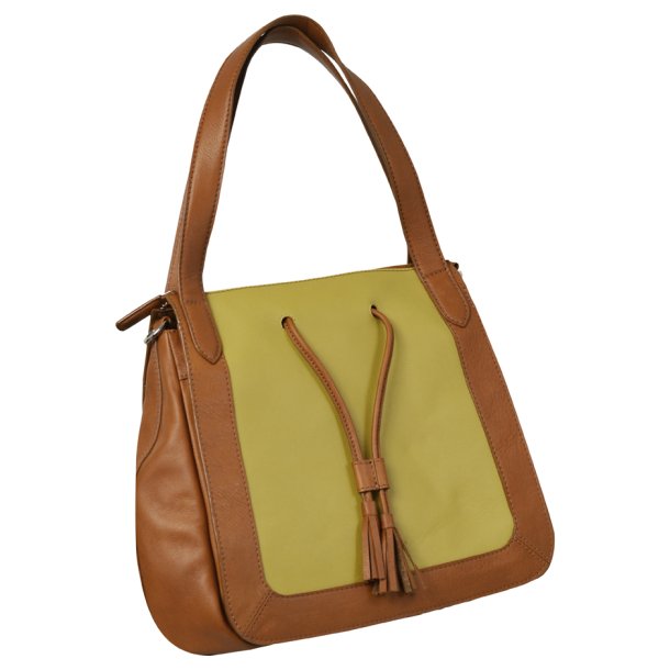 Delailah, Belsac cognac/gul skuldertaske i skind med kraftige remme og toplynlås