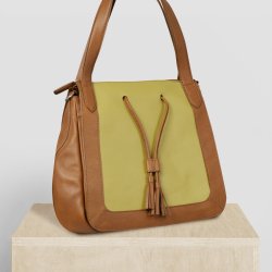 Delailah, Belsac cognac/gul skuldertaske i skind med kraftige remme og toplynlås