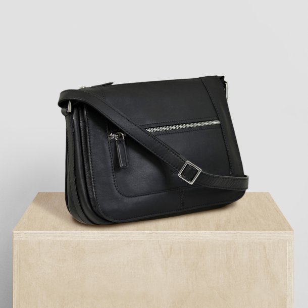 Delina, Belsac sort crossbody i skind med flere rum og frontlomme