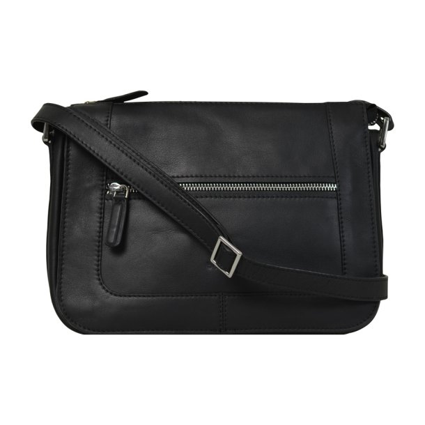 Delina, Belsac sort crossbody i skind med flere rum og frontlomme
