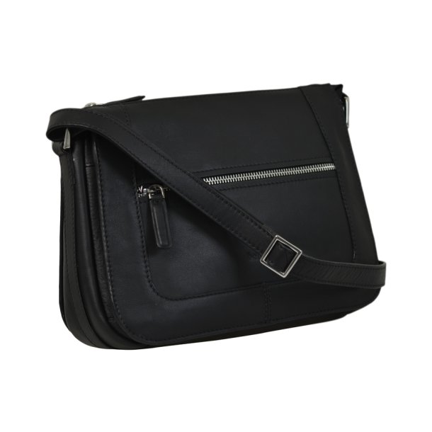 Delina, Belsac sort crossbody i skind med flere rum og frontlomme