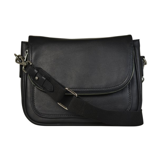 Darina, Belsac sort crossbody i skind med kraftig rem og frontlomme