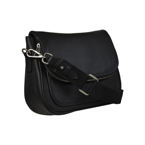 Darina, Belsac sort crossbody i skind med kraftig rem og frontlomme