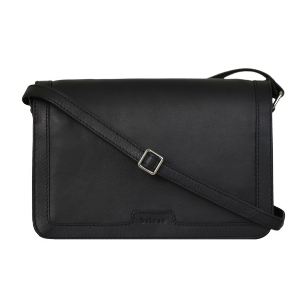 Fura, Belsac sort crossbody i skind med overslag og indvendigt et stort rum