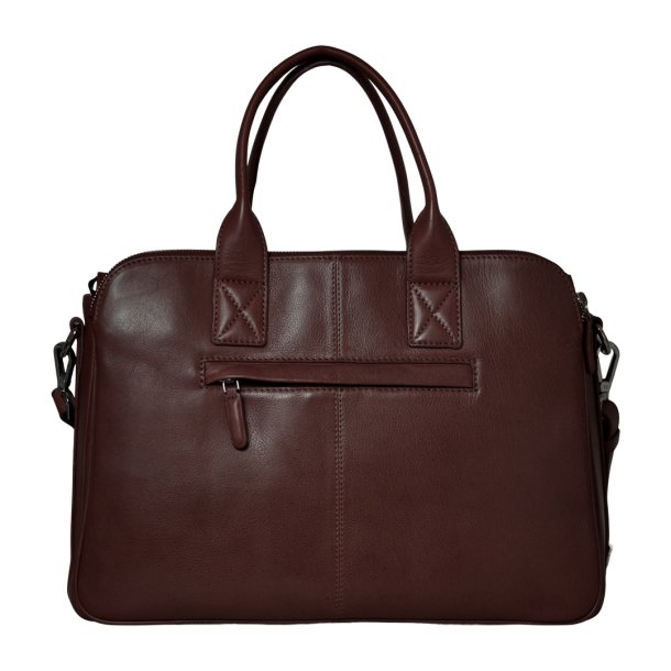 Kenna, Belsac varm brun arbejdstaske i skind med flere rum og lang regulerbar rem