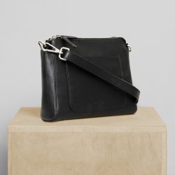 Lina, Belsac sort crossbody i skind med frontlomme og lang regulerbar rem