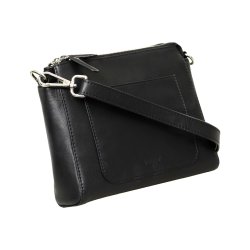 Lina, Belsac sort crossbody i skind med frontlomme og lang regulerbar rem