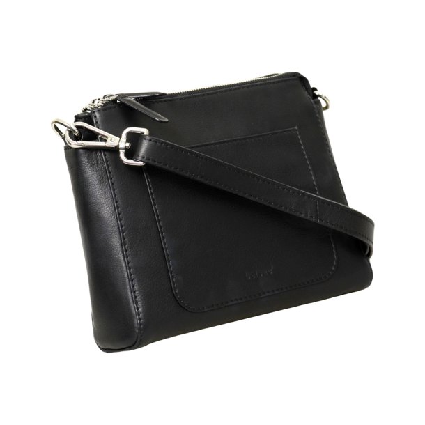Lina, Belsac sort crossbody i skind med frontlomme og lang regulerbar rem