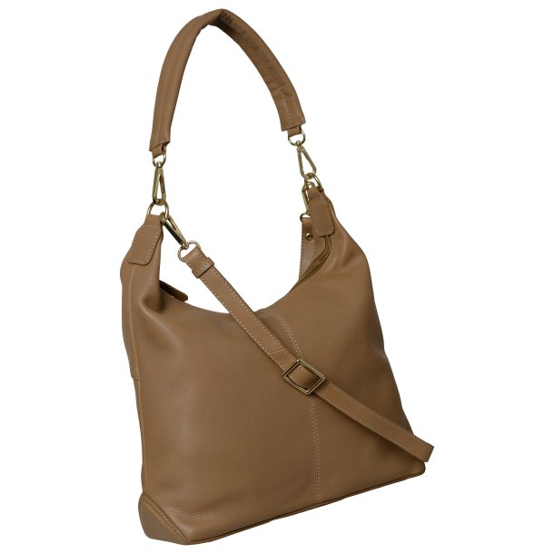 Marian, Belsac camel skuldertaske/crossbody i skind med kraftig skulderrem