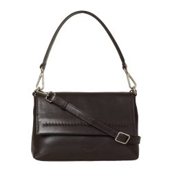 Paulina, Belsac mrkebrun crossbody/skuldertaske i bldt skind med overslag og aftagelig rem