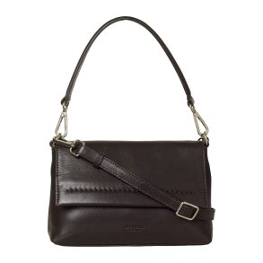 Paulina, Belsac m�rkebrun crossbody/skuldertaske i bl�dt skind med overslag og aftagelig rem