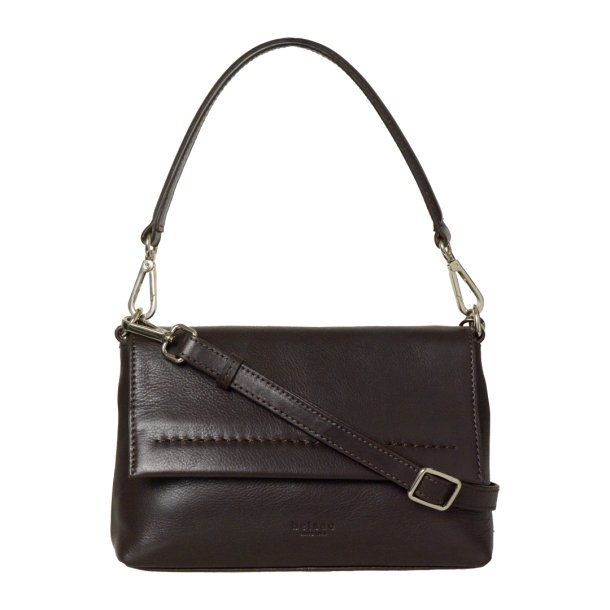 Paulina, Belsac mrkebrun crossbody/skuldertaske i bldt skind med overslag og aftagelig rem