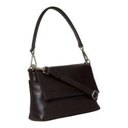 Paulina, Belsac mrkebrun crossbody/skuldertaske i bldt skind med overslag og aftagelig rem