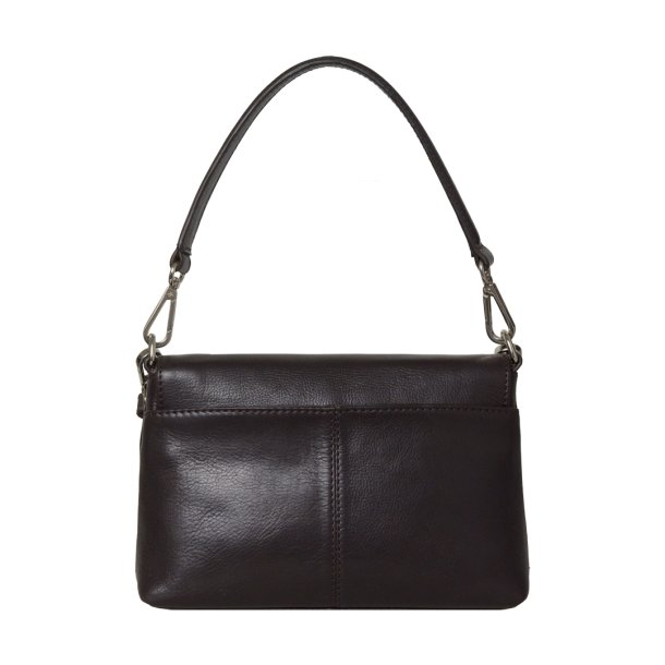 Paulina, Belsac mrkebrun crossbody/skuldertaske i bldt skind med overslag og aftagelig rem