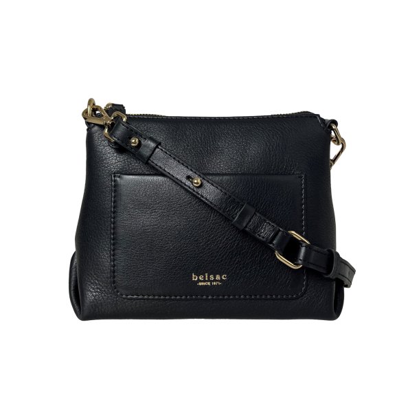 Rola, Belsac sort crossbody i skind med frontlomme og lang regulerbar rem