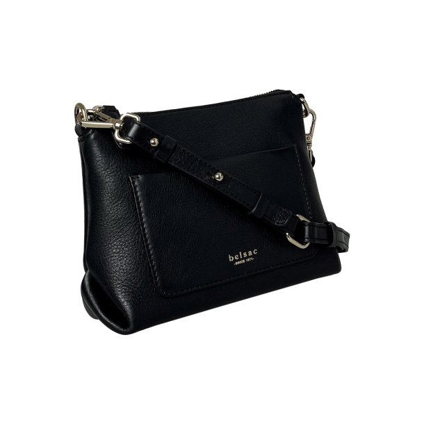 Rola, Belsac sort crossbody i skind med frontlomme og lang regulerbar rem