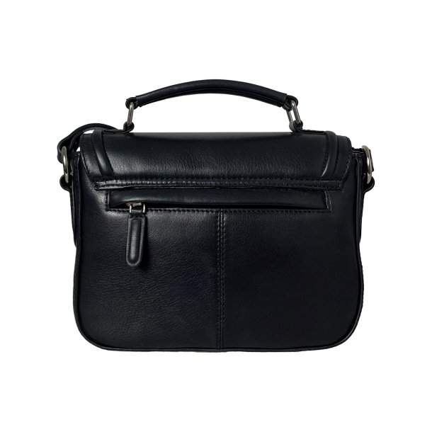 Raquel, Belsac sort hndtaske/crossbody i skind med overslag og lang regulerbar rem