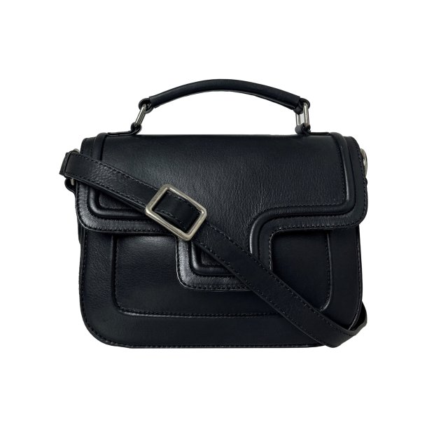 Raquel, Belsac sort hndtaske/crossbody i skind med overslag og lang regulerbar rem